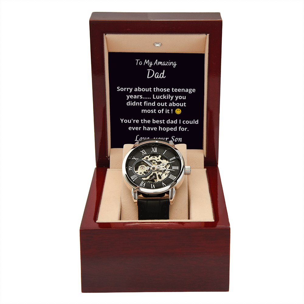 Gift to Dad from Son, Men's Openwork watch, present in luxury box with message, Funny