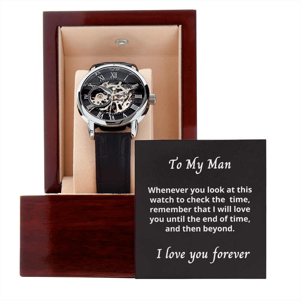 Gift for Husband / Partner, Men's Openwork watch, from Wife in luxury Mahogany box.