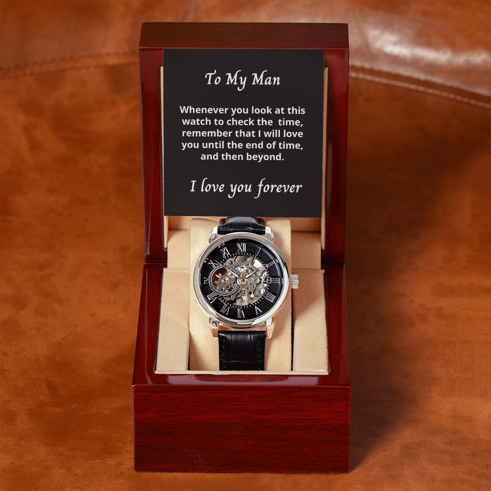 Gift for Husband / Partner, Men's Openwork watch, from Wife in luxury Mahogany box.
