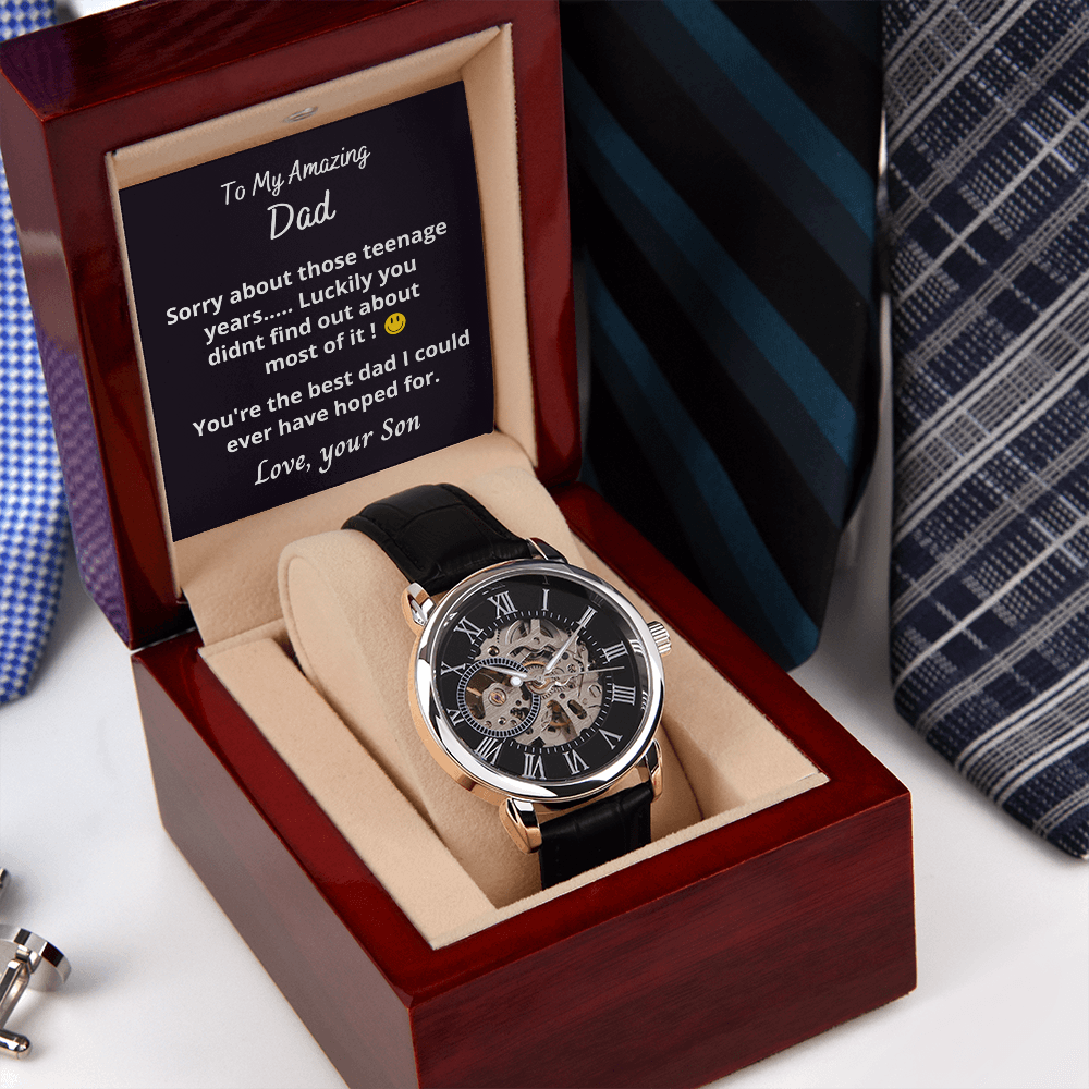 Gift to Dad from Son, Men's Openwork watch, present in luxury box with message, Funny