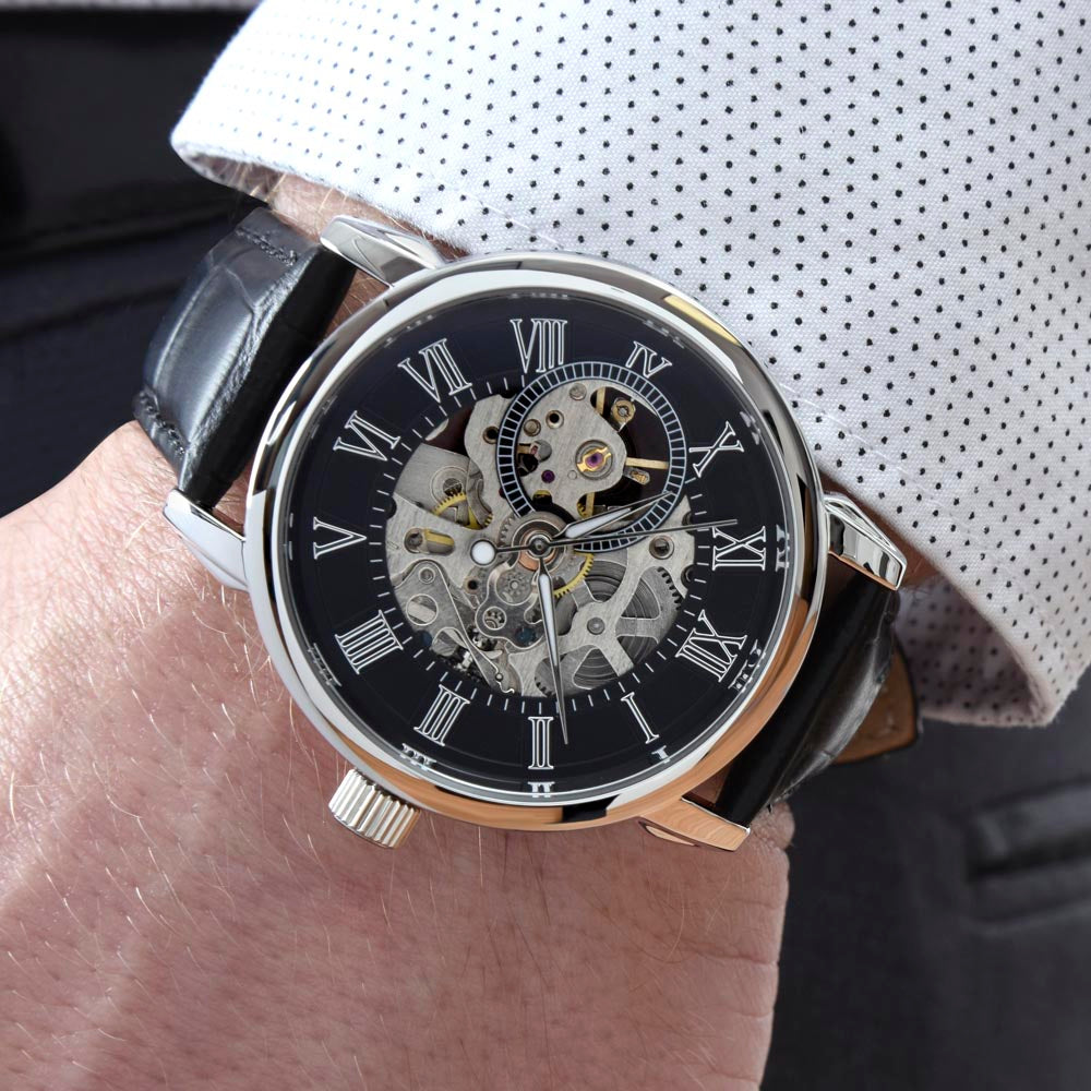 Gift to Dad from Son, Men's Openwork watch, present in luxury box with message, Funny