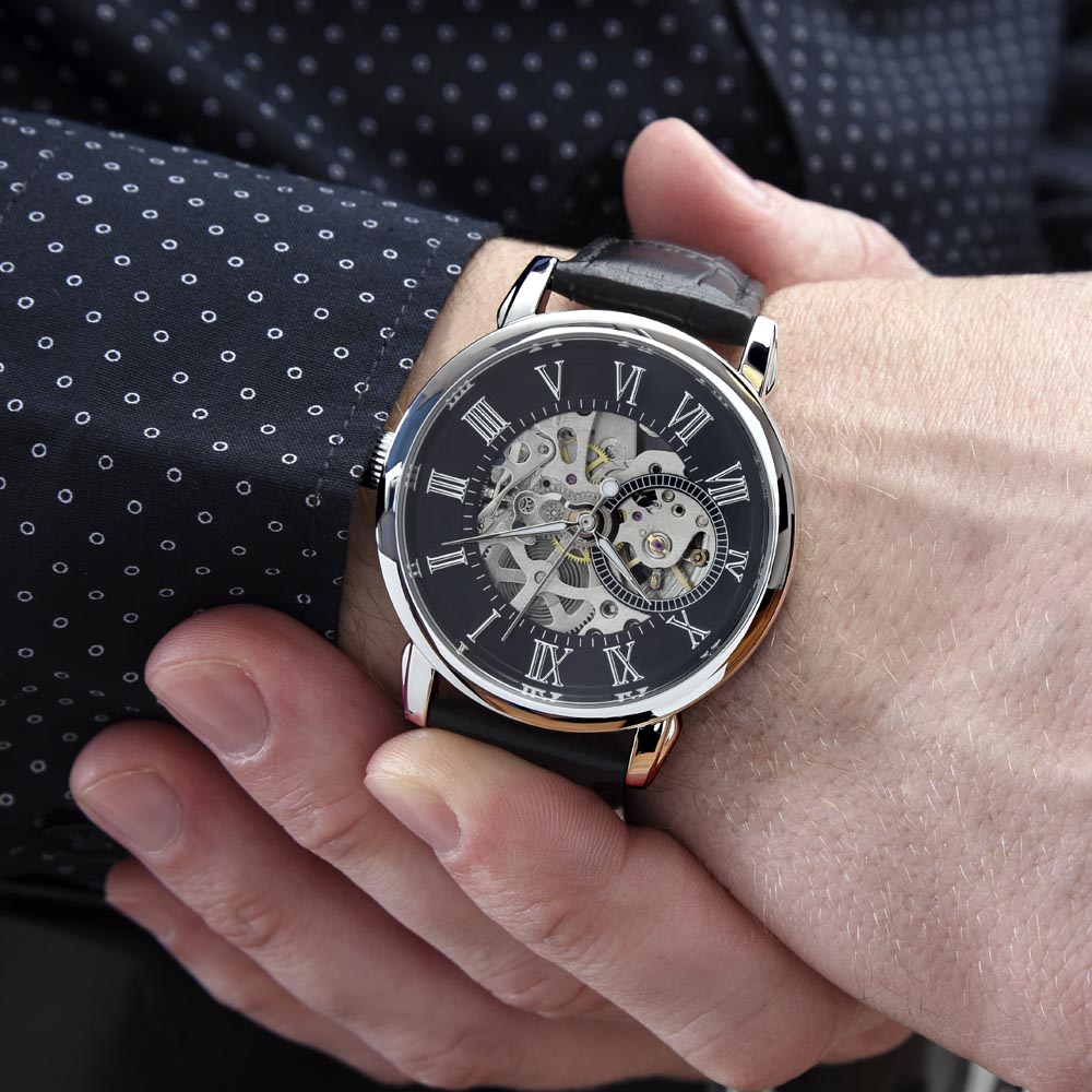 Gift to Dad from Son, Men's Openwork watch, present in luxury box with message, Funny