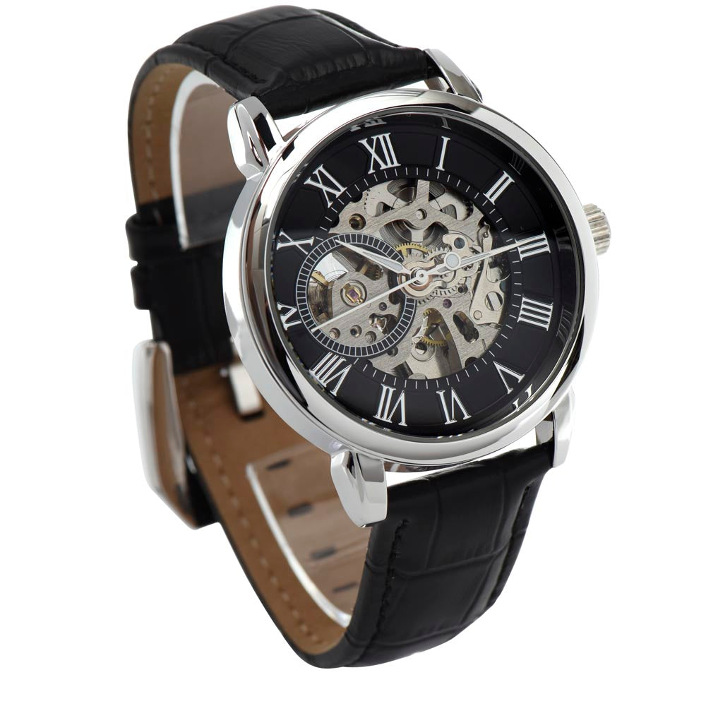 Gift to Dad from Son, Men's Openwork watch, present in luxury box with message, Funny