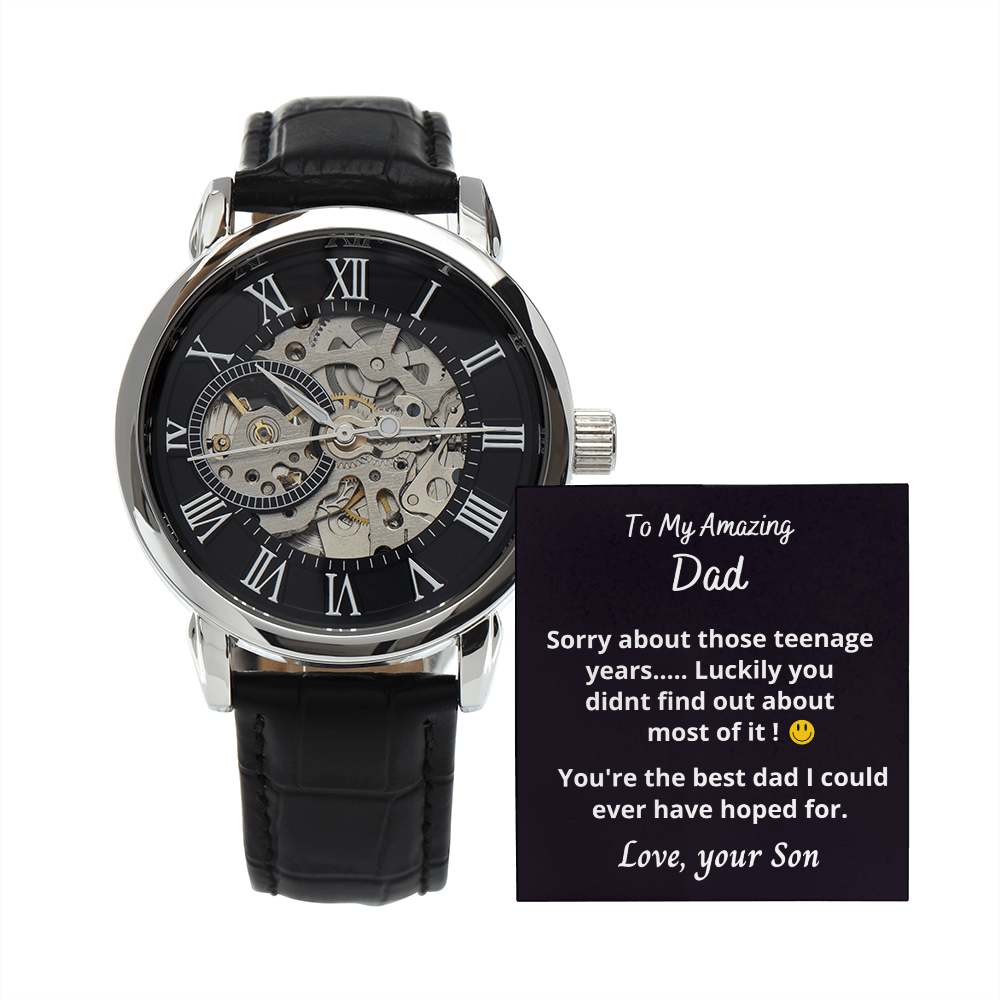 Gift to Dad from Son, Men's Openwork watch, present in luxury box with message, Funny