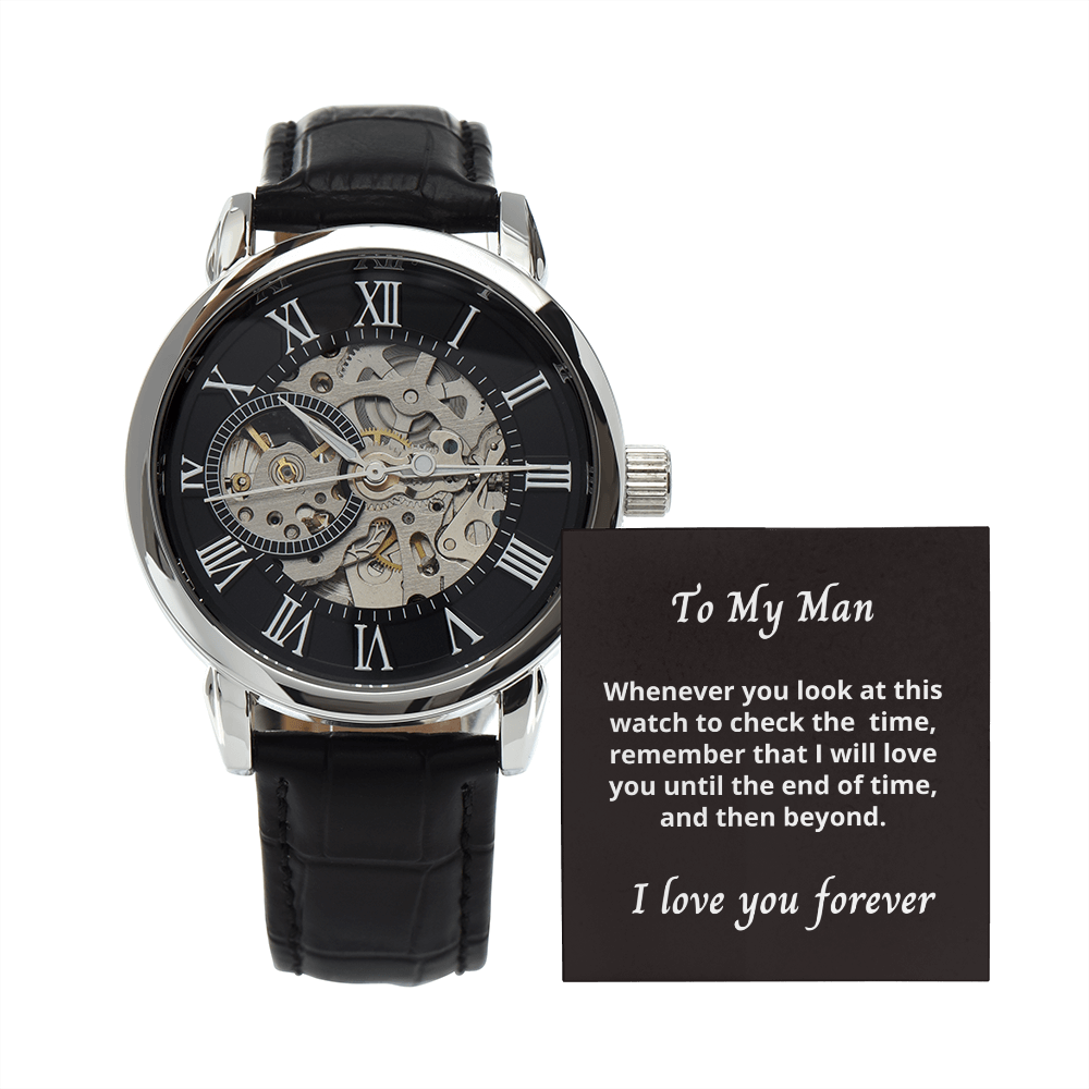 Gift for Husband / Partner, Men's Openwork watch, from Wife in luxury Mahogany box.