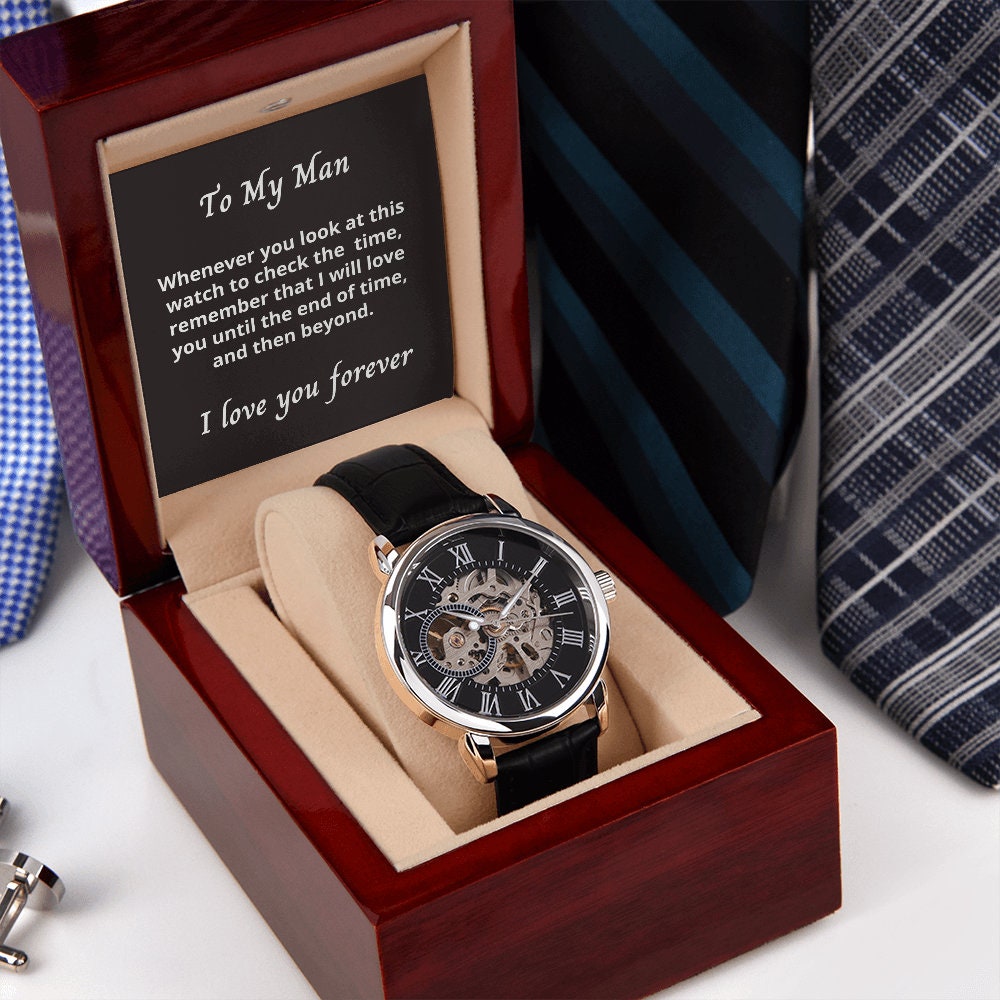 Gift for boyfriend, Openwork, present, from Girlfriend, partner, Mens Open Watch, for Birthday, Christmas, Anniversary, Personalized.