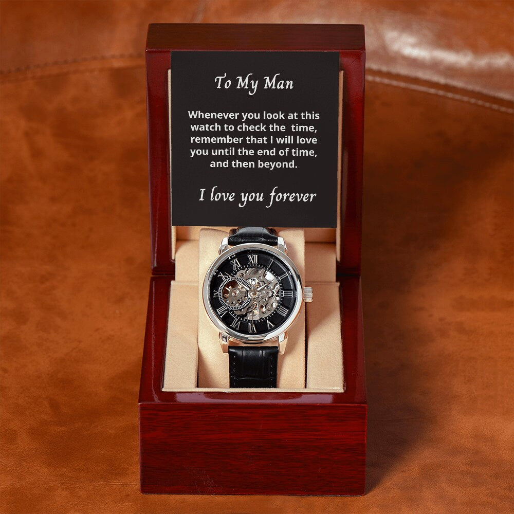 Gift for boyfriend, Openwork, present, from Girlfriend, partner, Mens Open Watch, for Birthday, Christmas, Anniversary, Personalized.