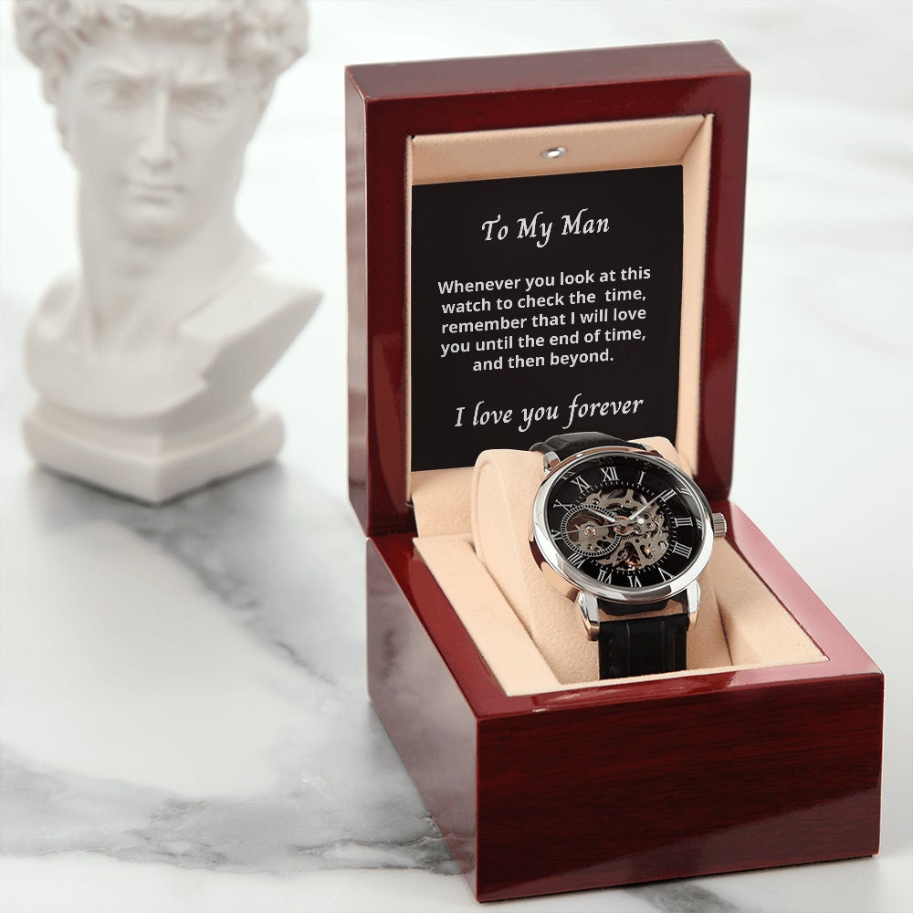 Gift for boyfriend, Openwork, present, from Girlfriend, partner, Mens Open Watch, for Birthday, Christmas, Anniversary, Personalized.