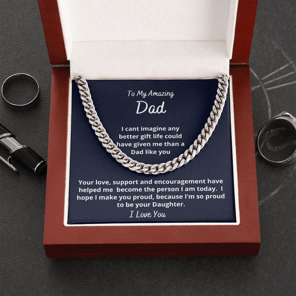 Gift to Dad, Cuban Link Chain Necklace, from Daughter, for Birthday, Christmas, Father's Day, Sentimental present