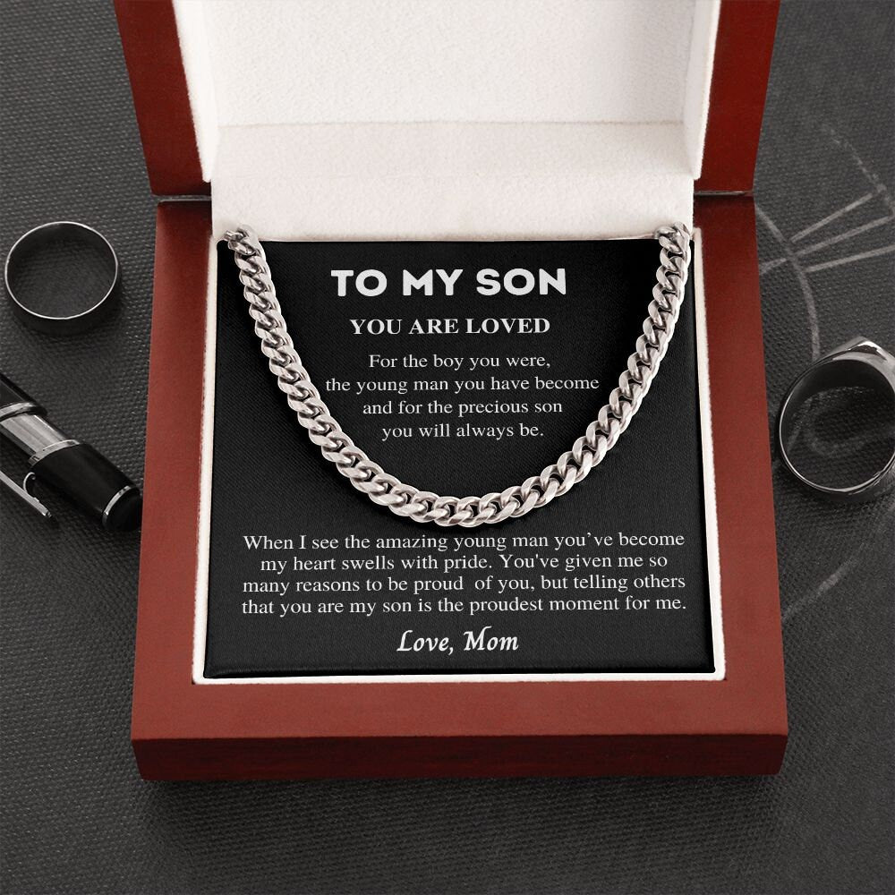 Gift to Son from Mom, Cuban Link Chain Necklace, Gift for Birthday, Christmas, Graduation present, Sentimental Gift Mom to Son