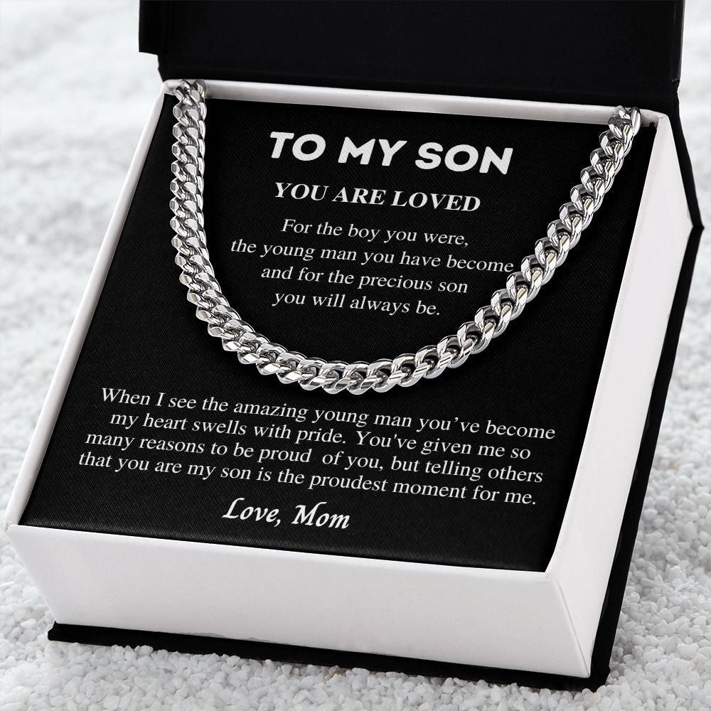 Gift to Son from Mom, Cuban Link Chain Necklace, Gift for Birthday, Christmas, Graduation present, Sentimental Gift Mom to Son